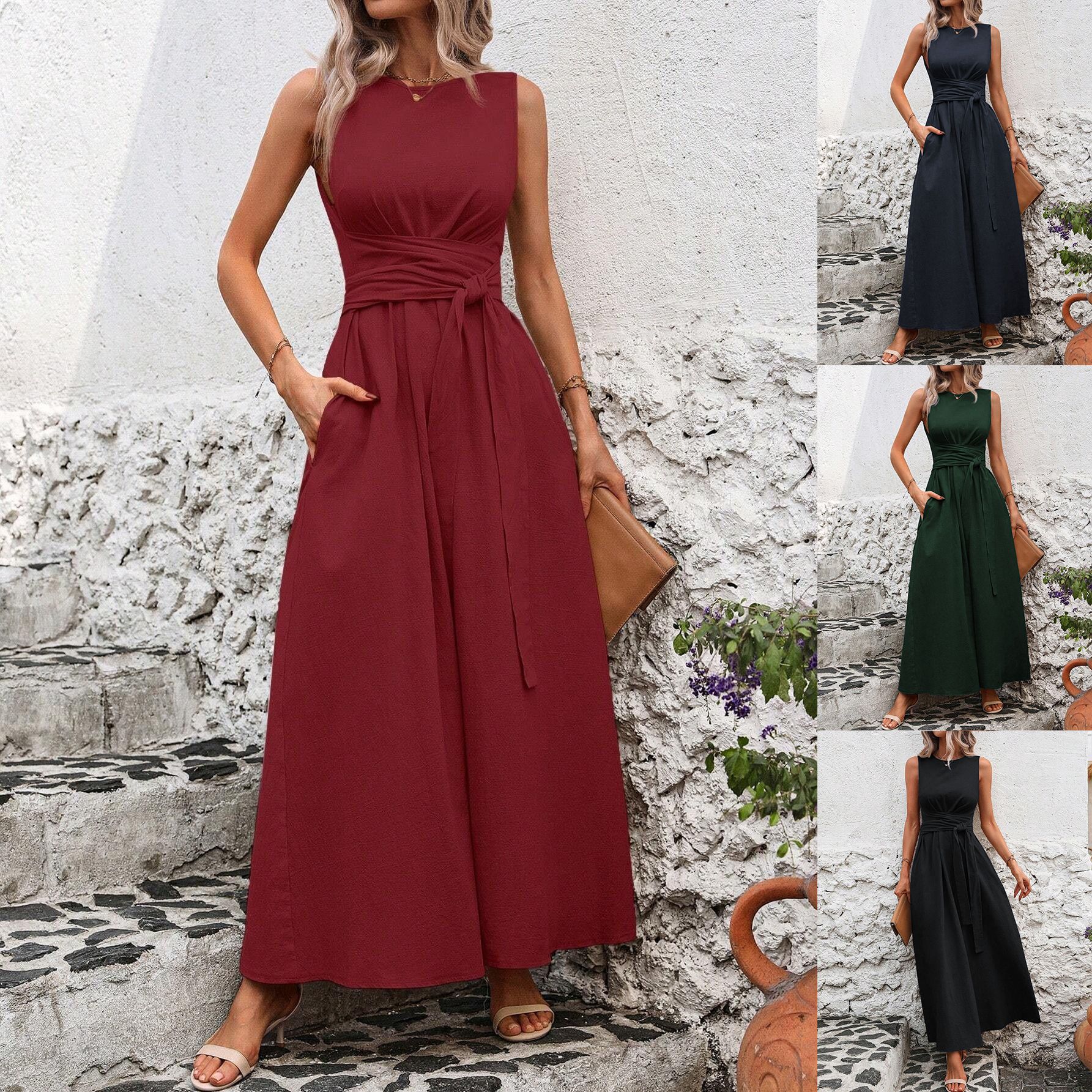 솔리드 컬러 라운드 넥 허리 스트랩 민소매 드레스 편안한 캐주얼 홀리데이 스타일 롱 스커트 유럽과 미국 여성 의류