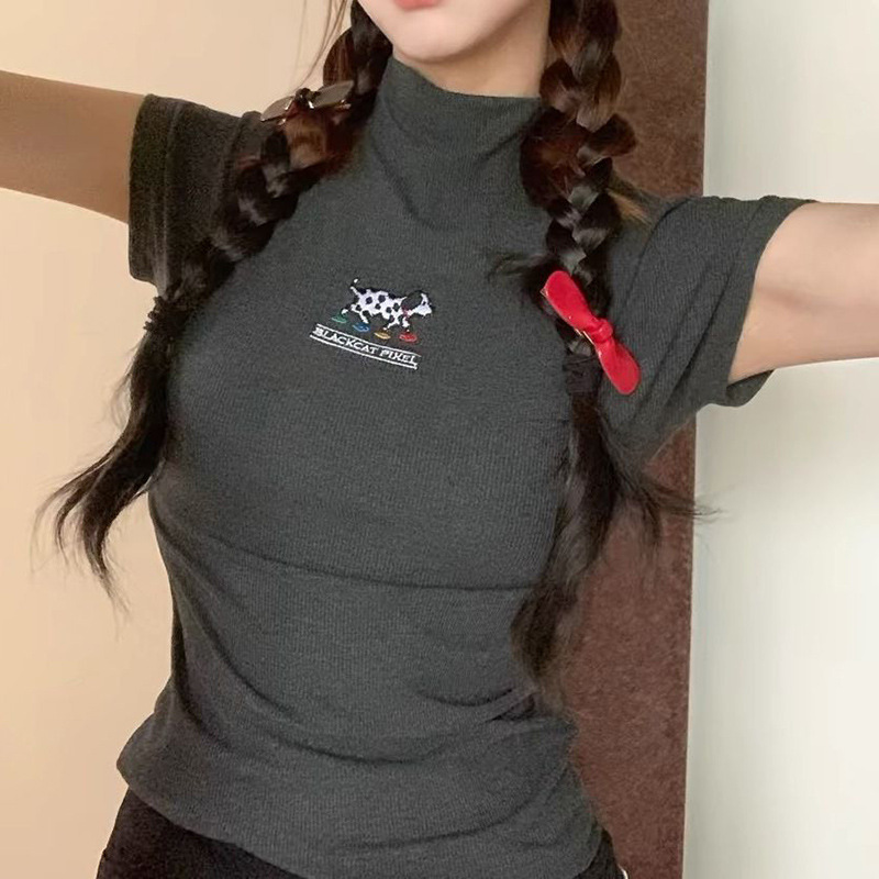 순수 코튼 핫 소녀 달마시안 아이스 실크 니트 반팔 티셔츠 여성 여름 하프 터틀넥 캐주얼 슬림 얇은 탑