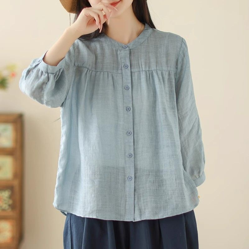 Cotton Three-Quarter Sleeve Shirt for Women, Summer Fashion, Versatile, Loose, Slim, Casual, Lightweight, Sun Protection Cotton Shirt Top