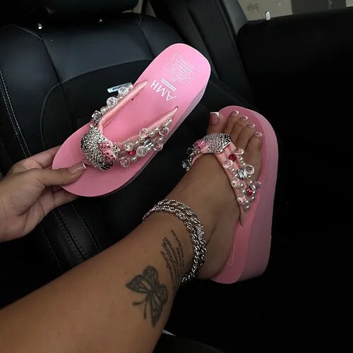 Independent Station Trbottomy Cute Kitten Thick-Soled Flip-Flops Fashionable Rhinestone Gemstone Pearl Beach Slippers Shoes Independent Station Trbottomy Cute Kitten Thick-Soled Flip-Flops Fashionable Rhinestone Gemstone Pearl Beach Slippers Shoes