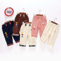 miki童裝秋冬新款男女童卡通熊兔燈芯絨長褲加絨加厚棉褲代發