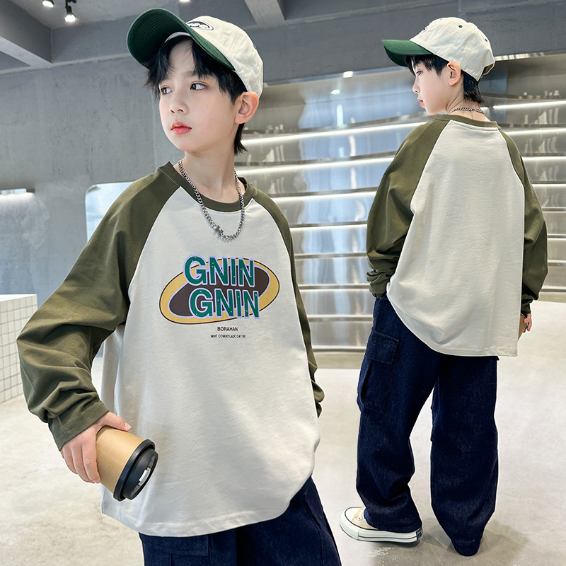 Boys' long sleeved T-shirt made of pure cotton 2024 new Korean version, Zhongda hoodie, children's spring and autumn top_voghion.com