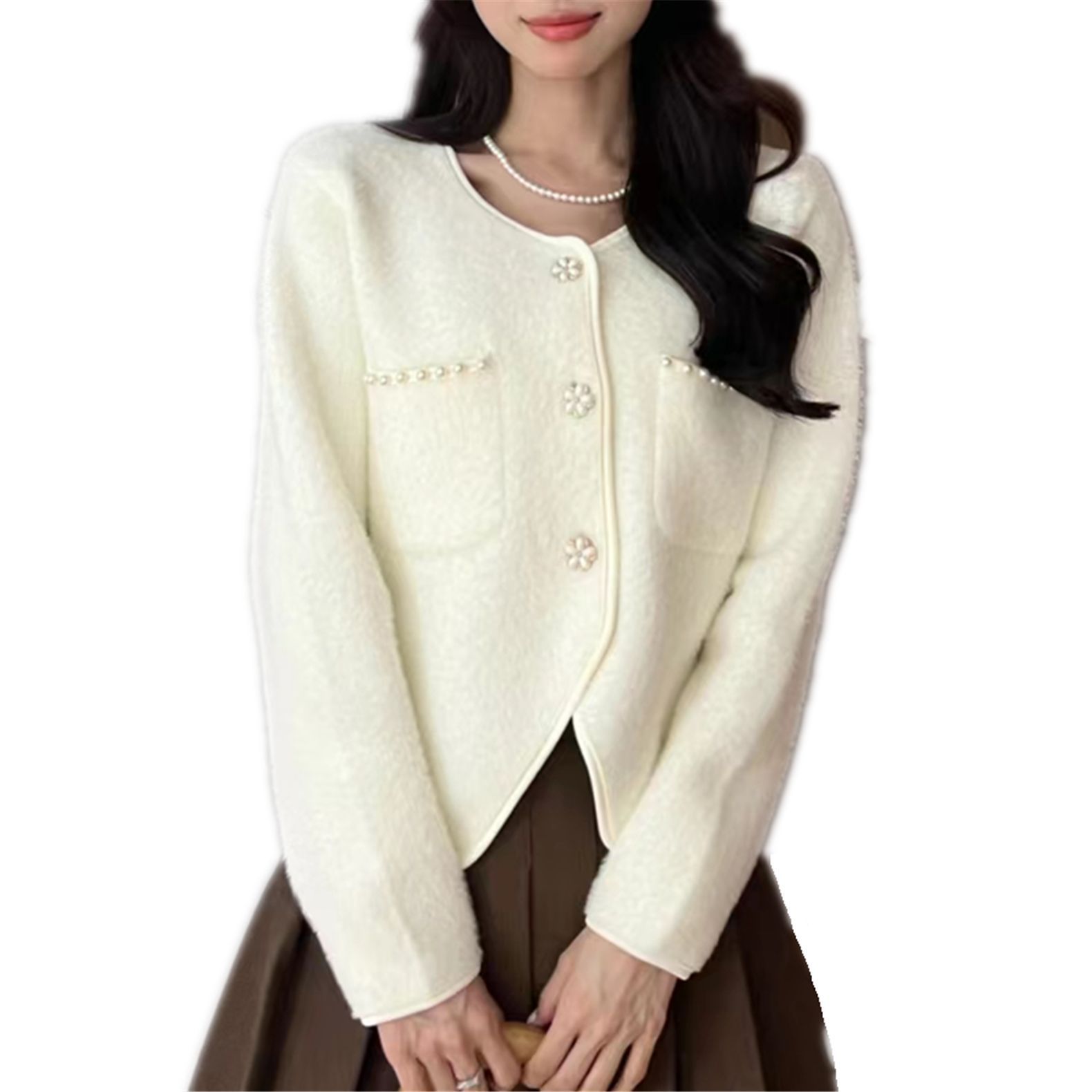 24 invierno Puyuan dulce viento fresco dulce imitación de cardigán de visón cuello redondo suelto camisa de estilo de mujer