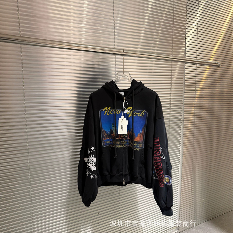 2026 Spring and Autumn New Pro@tocol Urban Scenery Pattern Distressed Hooded Sweatshirt Jacket Wholesale
