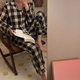 Ins Japanese Casual Pajamas Women's Autumn Thin Girl Home Comfortable Plaid Lapel Cardigan Two-Piece Set Wholesale