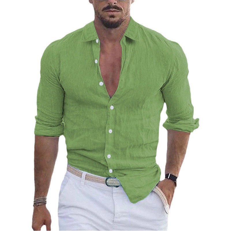 Transfronterizo 2023 nuevos hombres de verano de algodón de lino de solapa camisa de playa de manga larga de color sólido Hawaiano ropa de vacaciones