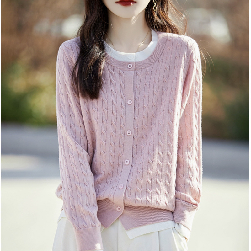 Primavera y otoño collar falso de cuello redondo dos piezas de lana tejida fina Cardigan suéter de torsión suelta chaqueta de punto universal