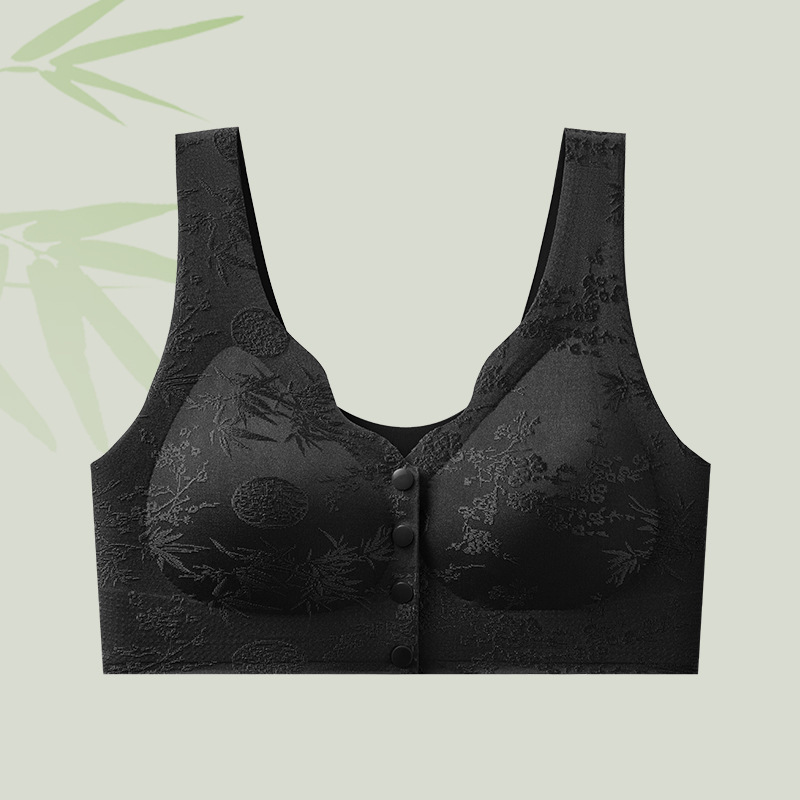 中高年向け中国風レリーフジャガードブラジャー、ノンワイヤー、副乳縮小、大きな胸、小さく見える、フロントボタン、ママのシームレス下着|undefined
