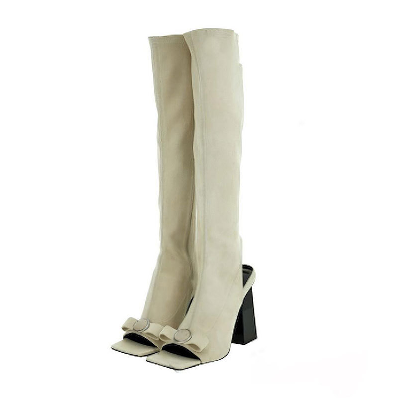 European and American Cross-Border Foreign Trade Spring and Summer New Style Thick High-Heeled Knee-High Side Zipper Elastic Boots with Square Toe and Fish Mouth for Women