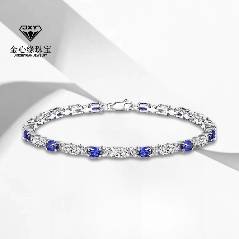 Cross-Border Hot Selling S925 Sterling Silver Cultured Sapphire Tennis Bracelet for Men and Women, Sense of Design and Versatile, Manufacturer Comes to Customize the Sample