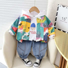 2024秋装新款迷彩牛仔三件套卡通套装 1-5岁男童童装长袖韩版套装