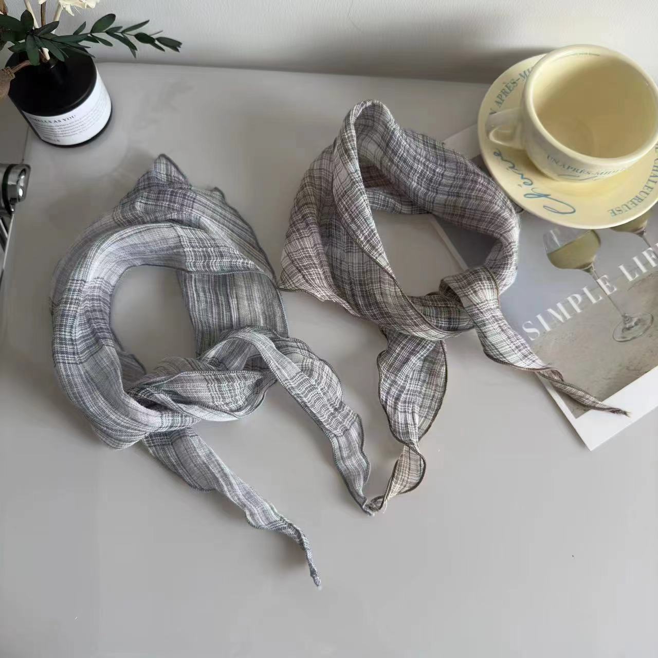韓版日系基礎色亞麻三角巾夏護頸配搭小眾格子小領巾小絲巾髮帶女