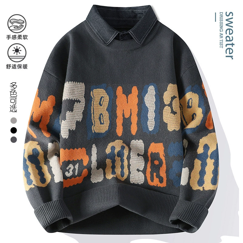 Прямая трансляция Taobao гость-осень и зима веселые буквы поддельные два жаккардовый свитер вязаный свитер