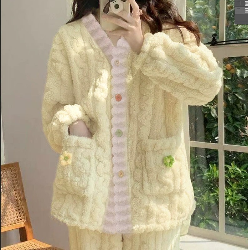 Flannel Cartoon Pajama Set Autumn and Winter New Style Sweet Girly Cute Floral Cardigan Home Wear Two-Piece Set