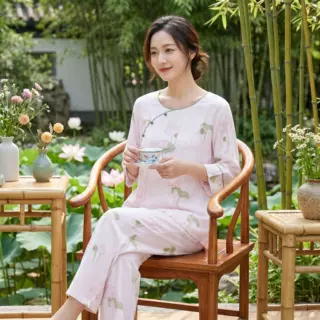 新中式竹棉棉纱新款国风睡衣女偏襟春夏季薄款九分袖家居服套装