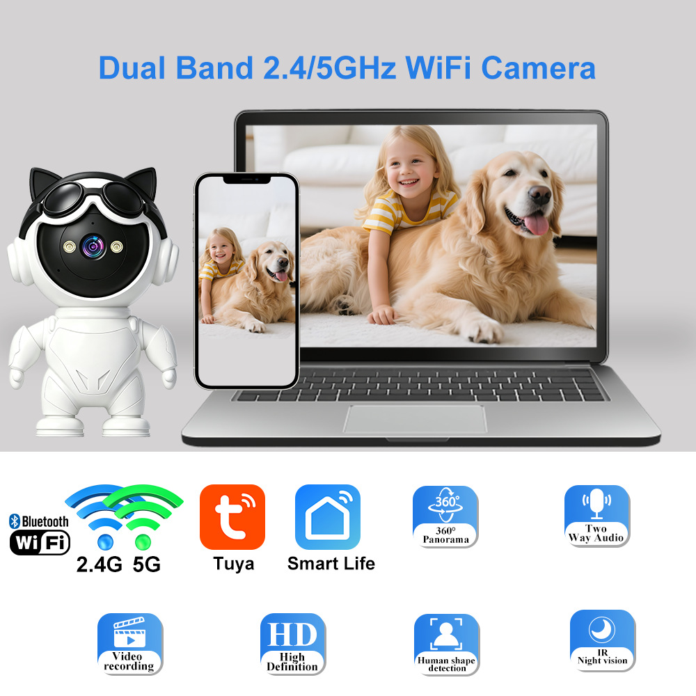 Tuya WiFi Ağ Çizgi Film Robot Güvenlik İzleme Akıllı Telefon Uzaktan Kumanda Yüksek Çözünürlük Gece Görüşü 5G Kamera
