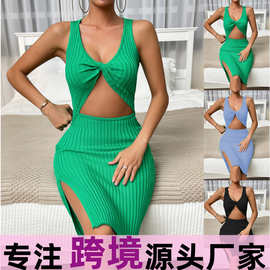 2025欧美夏装新款欧美跨境独立站性感纽扣削肩女装修身包臀连衣裙