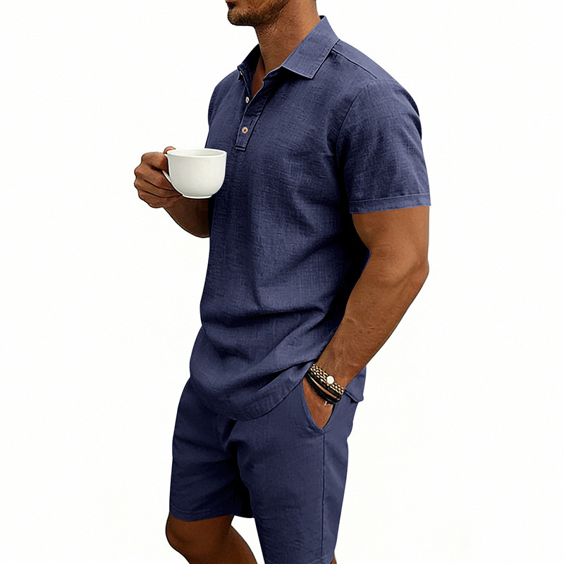Ensemble polo et short de plage décontractés en lin, style américain, pour homme, idéal pour l'été, les vacances et les trajets quotidiens. Grandes tailles disponibles. Coupe ample. Polo à revers simple et coupe simple._voghion.com