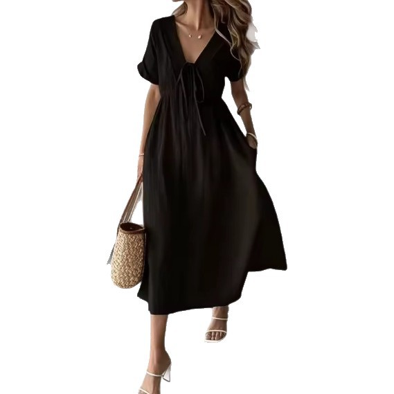 Elegant V-Neck Flowy Midi Dress - Soft Cotton Summer Dress For Women, Comfortable Loose Fit Casual & Office Wear (Available In 8 Colors)_ecoleips.com