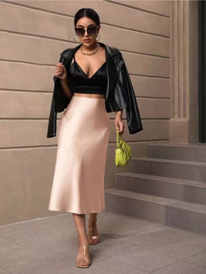 Elegant Satin A-line Midi Skirt For Women In Solid Colour_voghion.com
