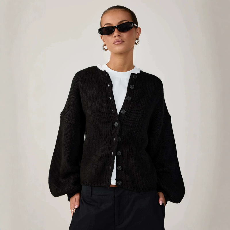 Cross-Border Amazon Coarse-Knit Round-Neck Lantern Sleeve Cardigan Solid Color Button-Up Knitwear Korean Style Commuter Sweater Cross-Border Amazon Coarse-Knit Round-Neck Lantern Sleeve Cardigan Solid Color Button-Up Knitwear Korean Style Commuter Sweater