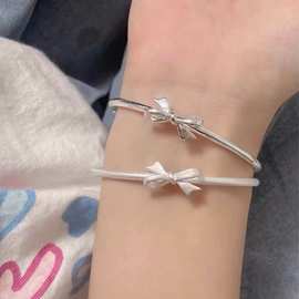 古法磨砂蝴蝶结开口手环女生饰品ins小众风百搭镀银手镯女款森系