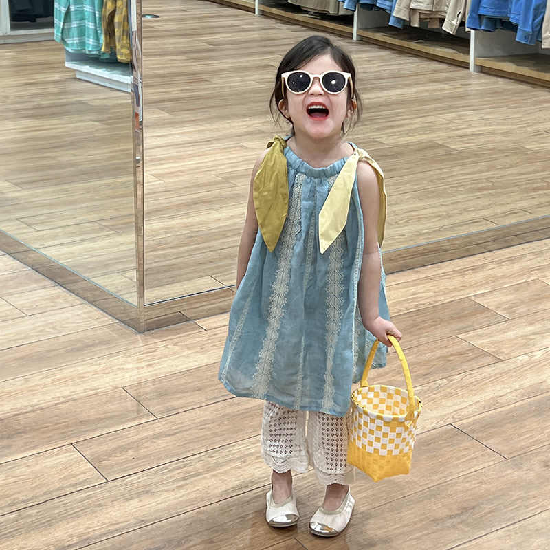 2024 Spring and Summer New Children's Seaside Holiday Style Slip Skirt Girl's Casual Hollow Western Style Pants suit