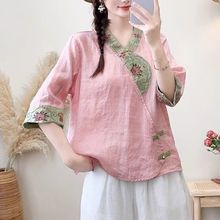 夏季女装复古文艺民族风棉麻V领刺绣盘扣五分袖禅意茶服衬衫上衣