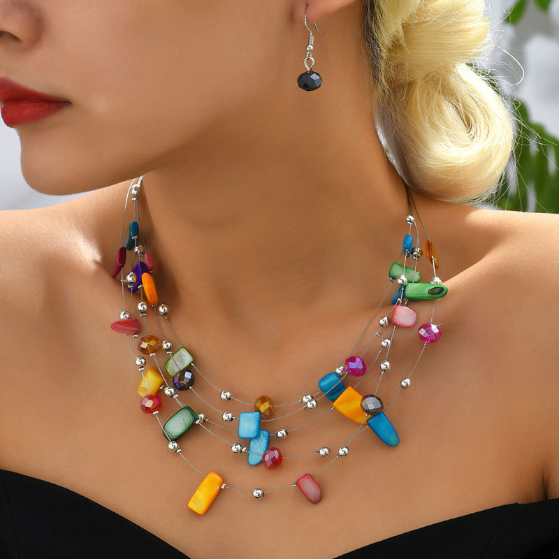 Factory direct cross-border Europe and the United States hot new Bohemian multi-layer crystal shell earrings necklace set accessories Factory direct cross-border Europe and the United States hot new Bohemian multi-layer crystal shell earrings necklace set accessories
