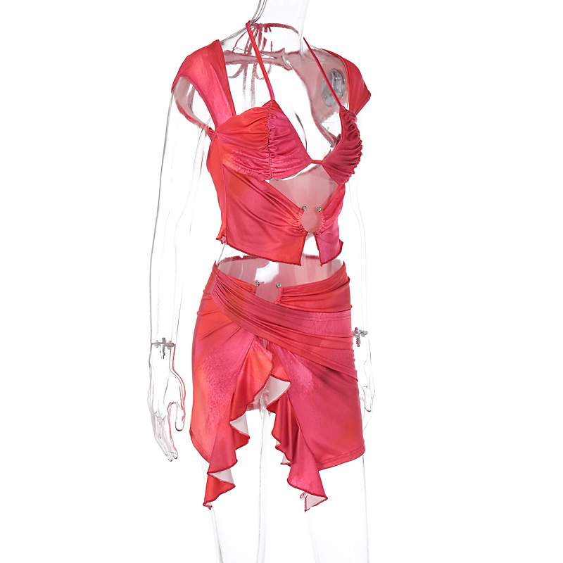 Women Clothing Summer Autumn Wrapped Chest Short Sleeve Lace up Irregular Asymmetric Skirt Set Two Piece Set