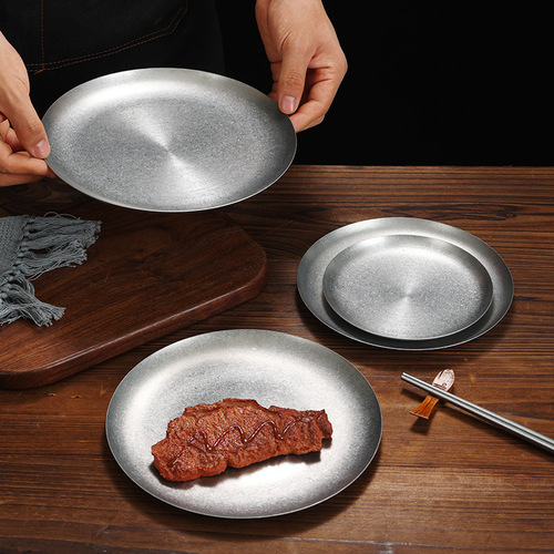 Retro dessert plate industrial style stainless steel plate flat plate cafe cake plate American dinner plate small round plate shallow plate