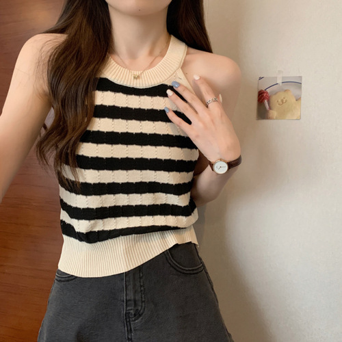 Black and white color block striped short halterneck camisole women's inner wear summer sweater sleeveless bottoming top
