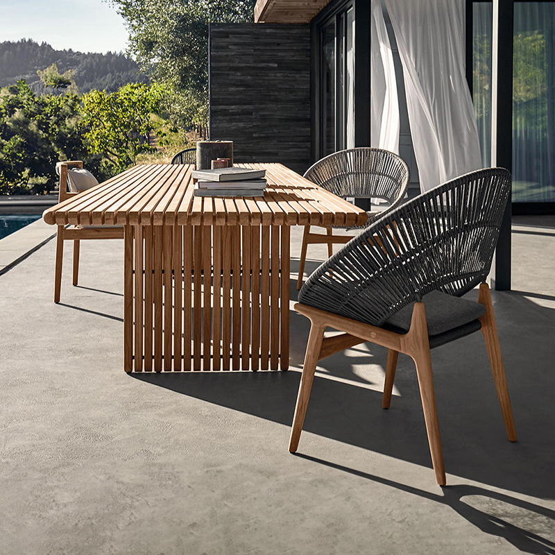 Mesas y sillas de madera maciza para exteriores, muebles de ocio para patio de villa, conjunto de sillas de comedor de teca y ratán impermeables y resistentes al sol para jardín o balcón.