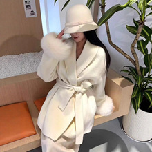 跨境外贸新款毛毛氛围感系带斗篷大衣女秋冬高级感贵气针织外套