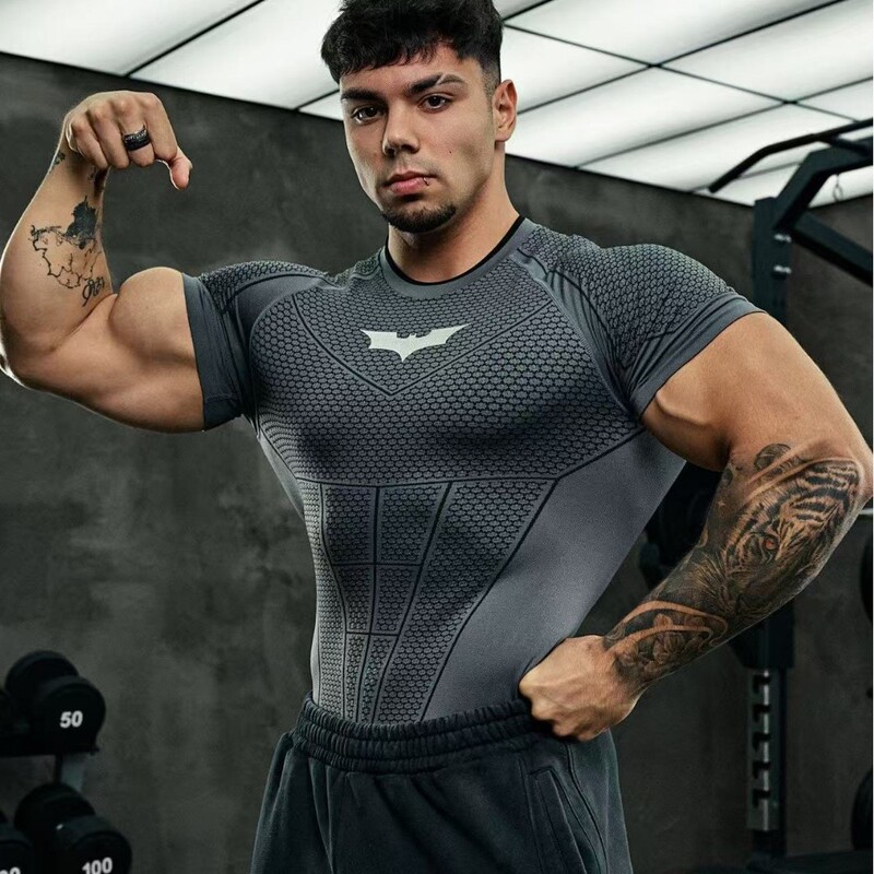 American Young New Yangge Bat Short-Sleeved Fitness Tight-Fitting Muscle-Showing Slim-Fitting Quick-Drying Breathable T-Shirt for Sports Men