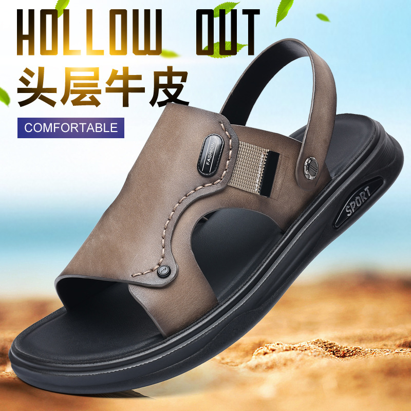 Verano de piel de vaca de cabeza zapatos de playa para hombres sandalias de cuero zapatillas casuales de cuero para hombres zapatillas respirables para hombres