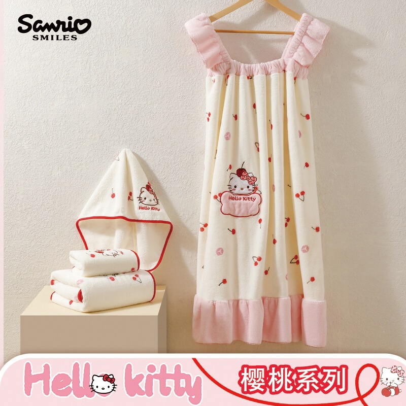 Sanrio Genuine Coral Velvet Wrapable Bath Towel for Women, Soft and Skin-Friendly Bath Skirt, Water-Absorbent, Quick-Drying, Suspender Bathrobe, Cute and Adorable