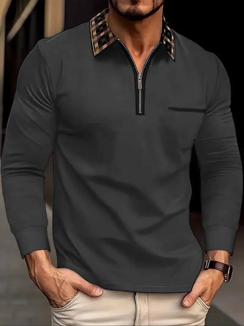 Camisa POLO de solapa de hombre básica simple con estampado digital, camisa delgada de manga larga con cremallera MB14