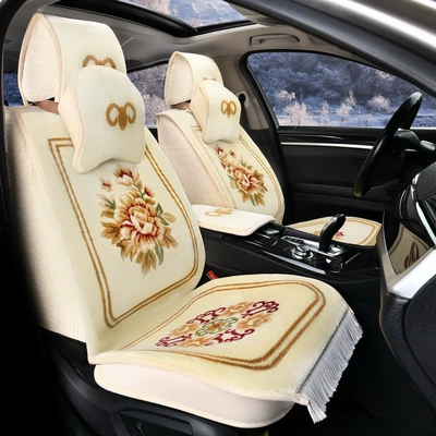 Wool Car Cushion Cashmere Blended Carpet Seat Cushion Four Seasons Universal Car Blanket Winter Full Envelope Backrest Car Seat Cover (Wool pad) - beige-big-peony-comes-with-a-handlebar-cover-and-a-lumbar-support