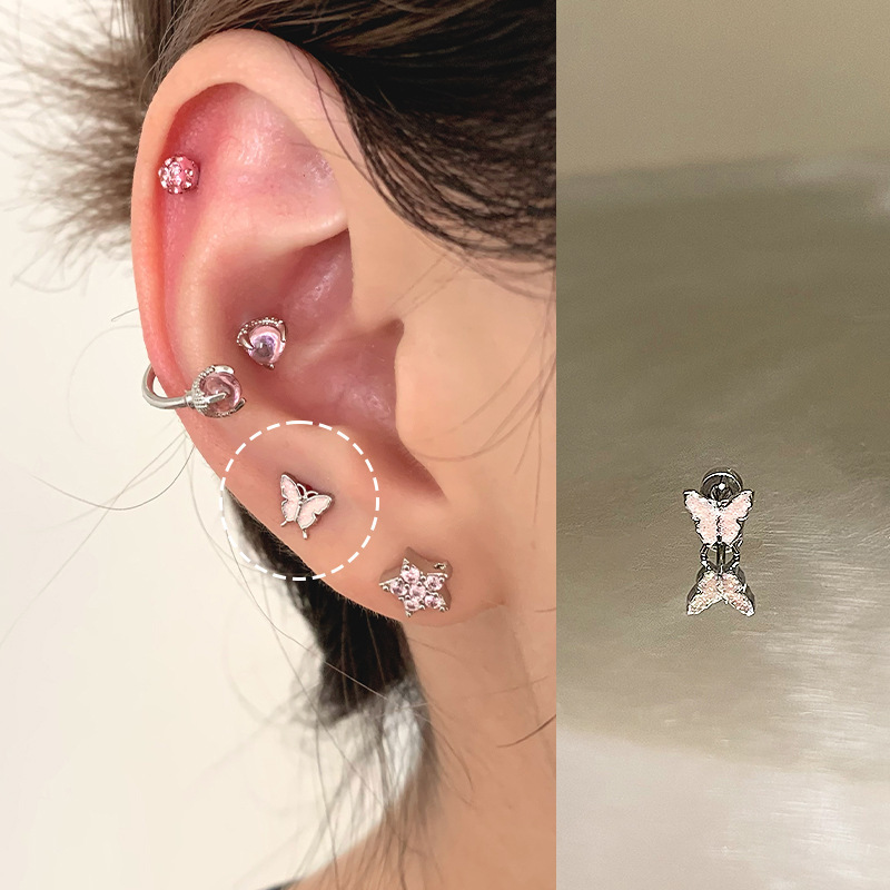 ピンク耳骨ネイルコレクション、ジルコン耳ネイル、医療用チタン鋼蝸牛ネイル、耳ピアス、耳骨ネイル、イヤリング、平底スパイラル|undefined