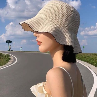 Japanese Wave Edge Fisherman Hat Women's Spring and Summer Travel Breathable Face Small Sunshade Sunscreen Simple All-match Bucket Hat