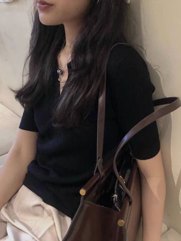 黑色领短袖正肩恤夏季感修身小个子别致锁骨短款上衣女|undefined