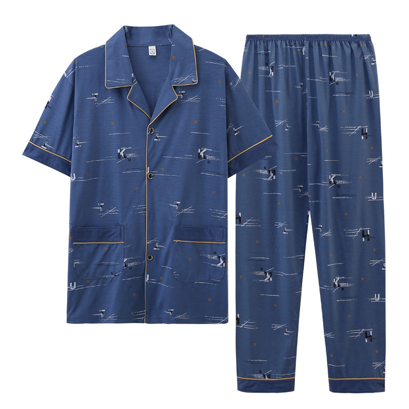 100% pijamas de algodón de manga larga de los hombres sueltos más tamaño aguja pequeño collar inverso joven y de mediana edad de primavera y otoño ropa de casa manga corta tejida