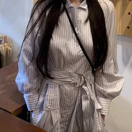 休闲条纹收腰衬衫裙韩系小众条纹气质减龄收腰衬衫连衣裙