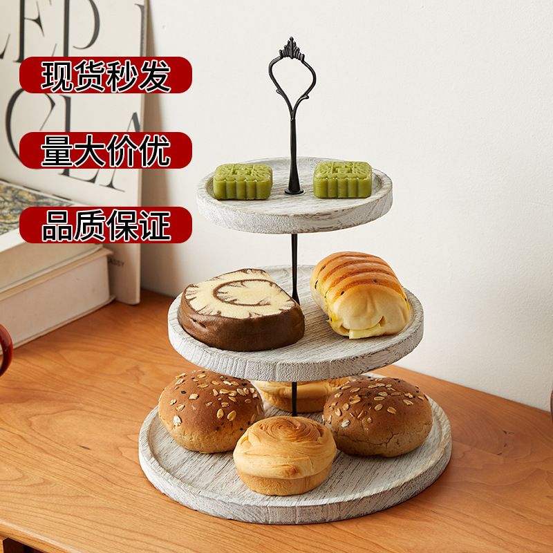 木质双层托盘 甜品架圆形实木蛋糕架 甜品台装饰展示架欧式蛋糕盘