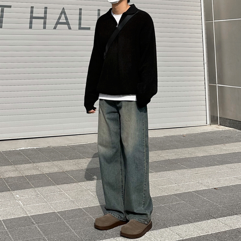 Men's Drapey Straight Leg Jeans Loose Fit Casual Wide Leg Pants Retro Style Midweight Cotton For Autumn Winter_mkmklike.com