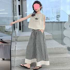 女童装套装夏季新款无袖背心中大童宽松阔腿裤格子复古日系两件套