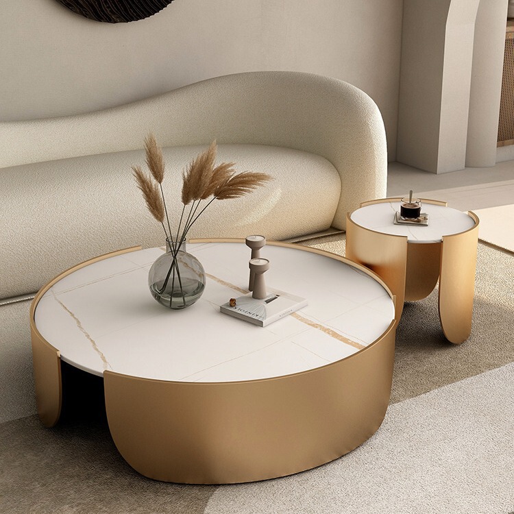 Trendy Luxury Stone Round Coffee Table Designer Style Nordic Minimalist Small Apartment Living Room Gold Coffee Table Set