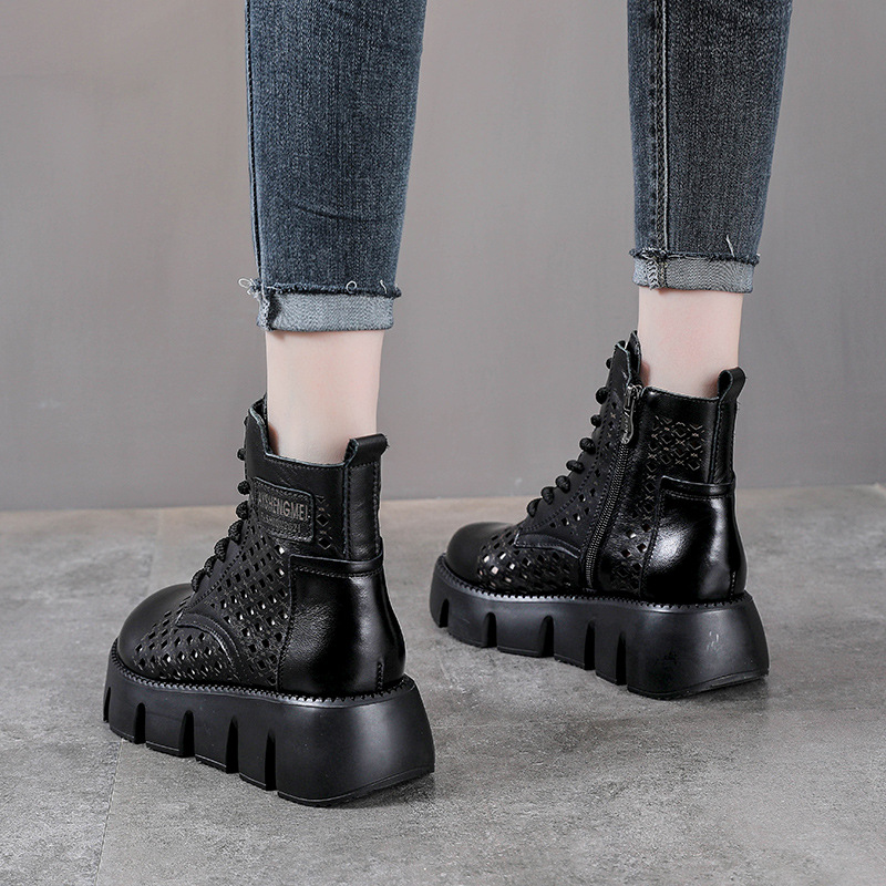 Giày boot nữ cổ cao da bò thật đế bánh xốp dày — Màu nâu