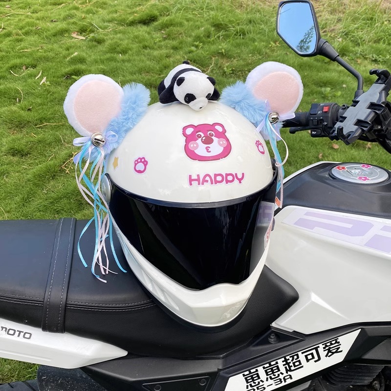 Universal Personalized Creative Plush Thick Fleece Tassel Blue Bear Ear Bell Helmet Decoration (Auto Parts and Accessories) - tassel-thick-fleece-blue-bear-ears-excluding-tail-panda-helmet